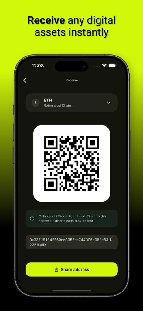 SafeVano Wallet receive screen with QR code and wallet address for ETH on Robinhood Chain