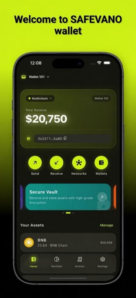 SafeVano Wallet home screen showing total balance, quick actions, and asset overview